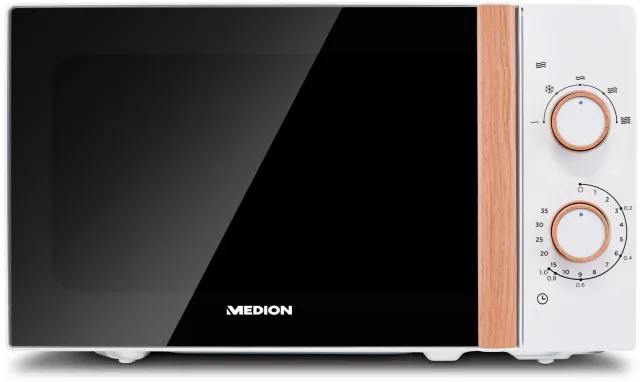 MEDION Micro-ondes MD 10596 | 20 litres | 700 W | Porte miroir | 5 niveaux de puissance | Aspect bois - blanc