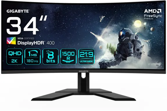 GIGABYTE G34WQCP Moniteur de Jeu Incurvé UWQHD 34" - 3440 x 1440, 1500R, 180Hz, 1ms, 350 cd/m², AMD FreeSync Premium, DisplayHDR 400, HDMI 2.0, DisplayPort 1.4