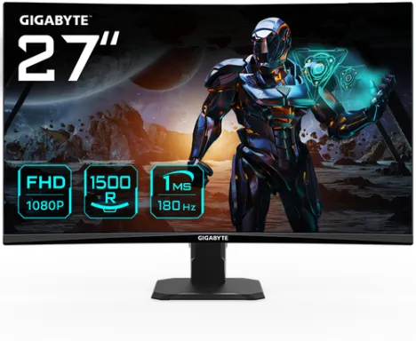 GIGABYTE Moniteur de jeu incurvé GS27FC 27" FHD - 1920 x 1080 (FHD), 180Hz, 1ms, 250 cd/m², FreeSync Premium, prêt pour HDR, HDMI 2.0, DisplayPort 1.4