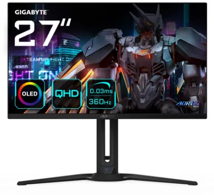 GIGABYTE Écran de jeu AORUS FO27Q3 OLED de 27” - 2560 x 1440 (QHD), 360Hz, 0.03ms, KVM, 250 cd/m², FreeSync Premium Pro, DisplayHDR True Black 400, HDMI 2.1