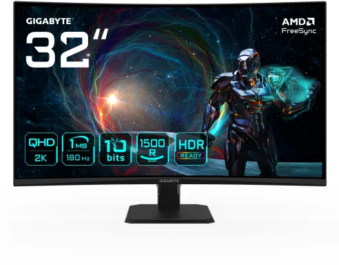 GIGABYTE GS32QCA 31,5" Moniteur Gaming Incurvé QHD - 2560 x 1440, 180Hz, 1ms, 250 cd/m², FreeSync, HDR Ready, HDMI 2.0, DisplayPort 1.4