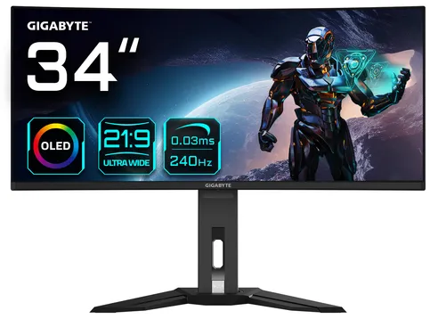 GIGABYTE Moniteur de jeu courbé OLED WQHD MO34WQC2 de 34” - 3440x1440(WQHD), 240Hz, 0.03ms, KVM, 250 cd/m², FreeSync Premium Pro, DisplayHDR True Black 400, HDMI 2.1, Displayport 1.4