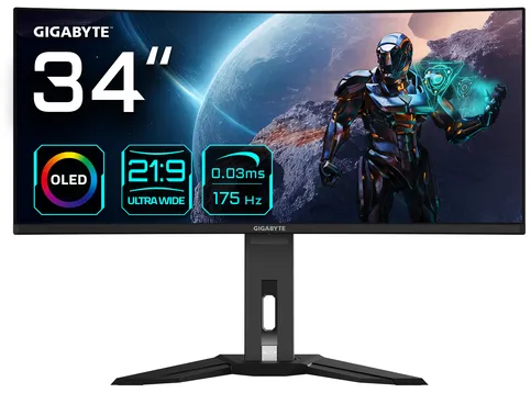 GIGABYTE Moniteur de jeu courbé OLED WQHD MO34WQC 34" - 3440 x 1440, 175Hz, 0.03ms, KVM, 250 cd/m², FreeSync Premium Pro, DisplayHDR True Black 400, HDMI 2.1, Displayport 1.4