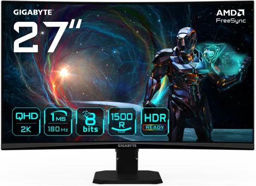 GIGABYTE GS27QCA 27" Moniteur Gaming Incurvé QHD - 2560 x 1440, 180Hz, 1ms, 250 cd/m², FreeSync, HDR Ready, HDMI 2.0, DisplayPort 1.4