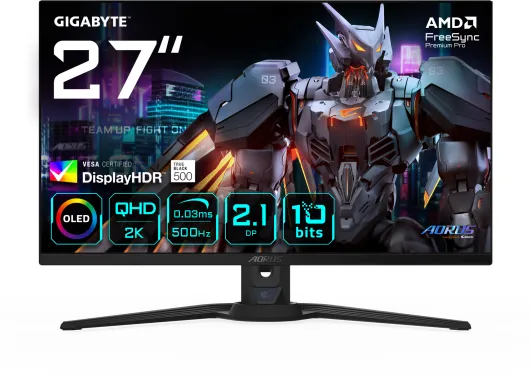 GIGABYTE AORUS FO27Q5P Moniteur de jeu OLED QHD – 2560 x 1440, 500 Hz, 0,03 ms, KVM, 300 cd/m², FreeSync Premium Pro, DisplayHDR True Black 500, DisplayPort 2.1