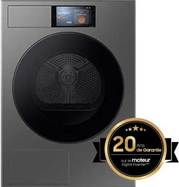 Samsung Series 9 Sèche-linge Gris métal Pompe à chaleur / AI Dry+™ Séchage intelligent / Optimal Dry / Ecran tactile 7'' AI Home / Commande Vocale / 9kg - DV90F09F4SU3 Classe A
